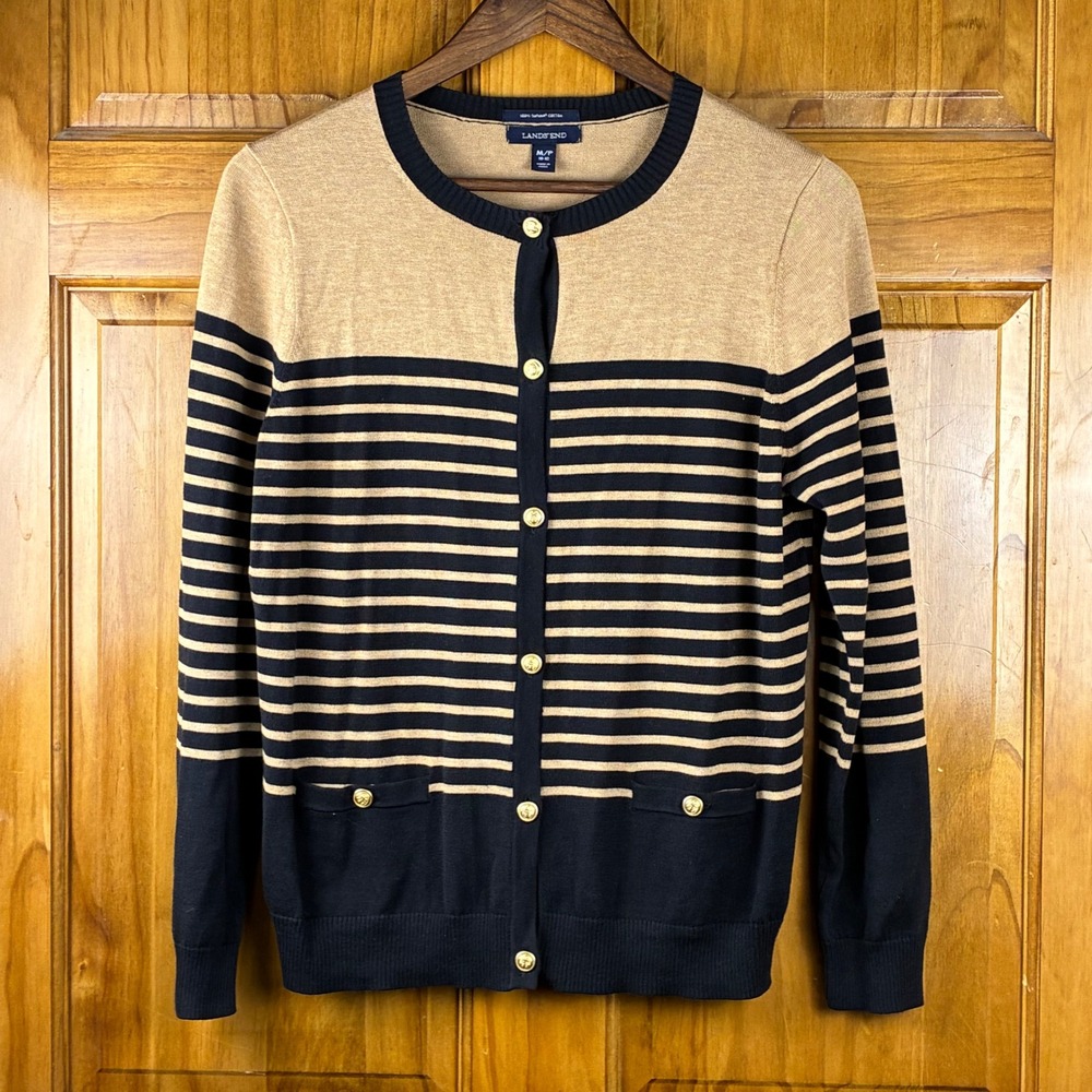 Lands End Womens Supima Cotton Striped Cardigan Black Tan Anchor Button MP 10-12